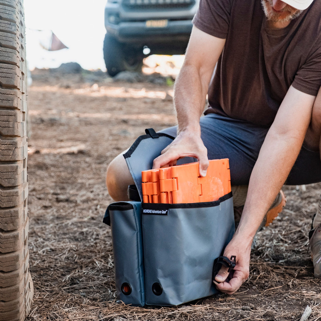 GoTreads (Go Treads) storage bag with flexible stowage options.  Unique breathable, multi-compartment bag, configurable for easy packing.  Multi-function tool bag; carry and store off-road (4x4) recovery straps and other gear as well.
